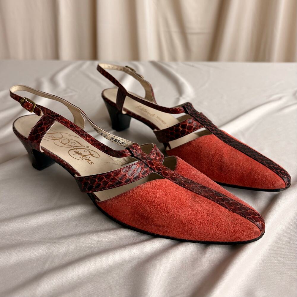 Dee Hopkins by B. Altman & Co. Orange Suede & Snake-Print -70s Vintage, Size 7.5